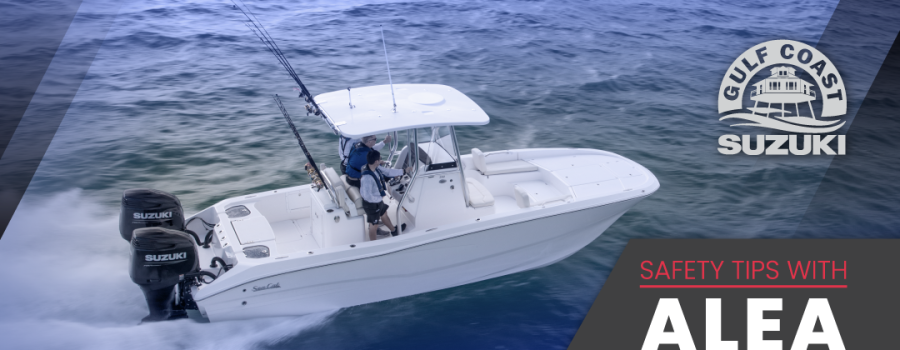 Safety tips with Alea graphic on the center console boat.
