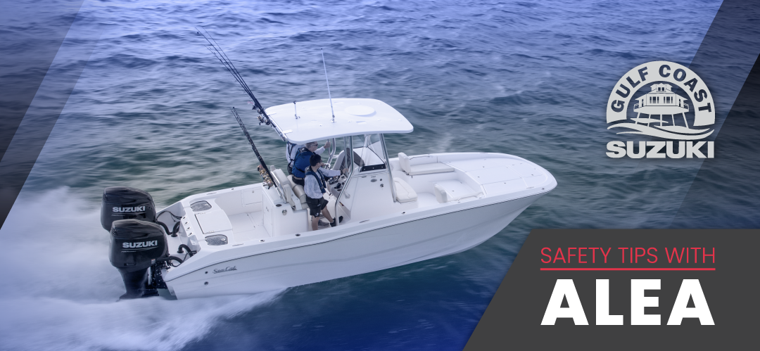 Safety tips with Alea graphic on the center console boat.